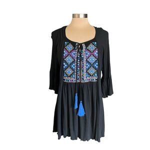 Catina Black Tunic Blouse Blue Geometric Embroidery Tassel Tie Ruffled MED Boho